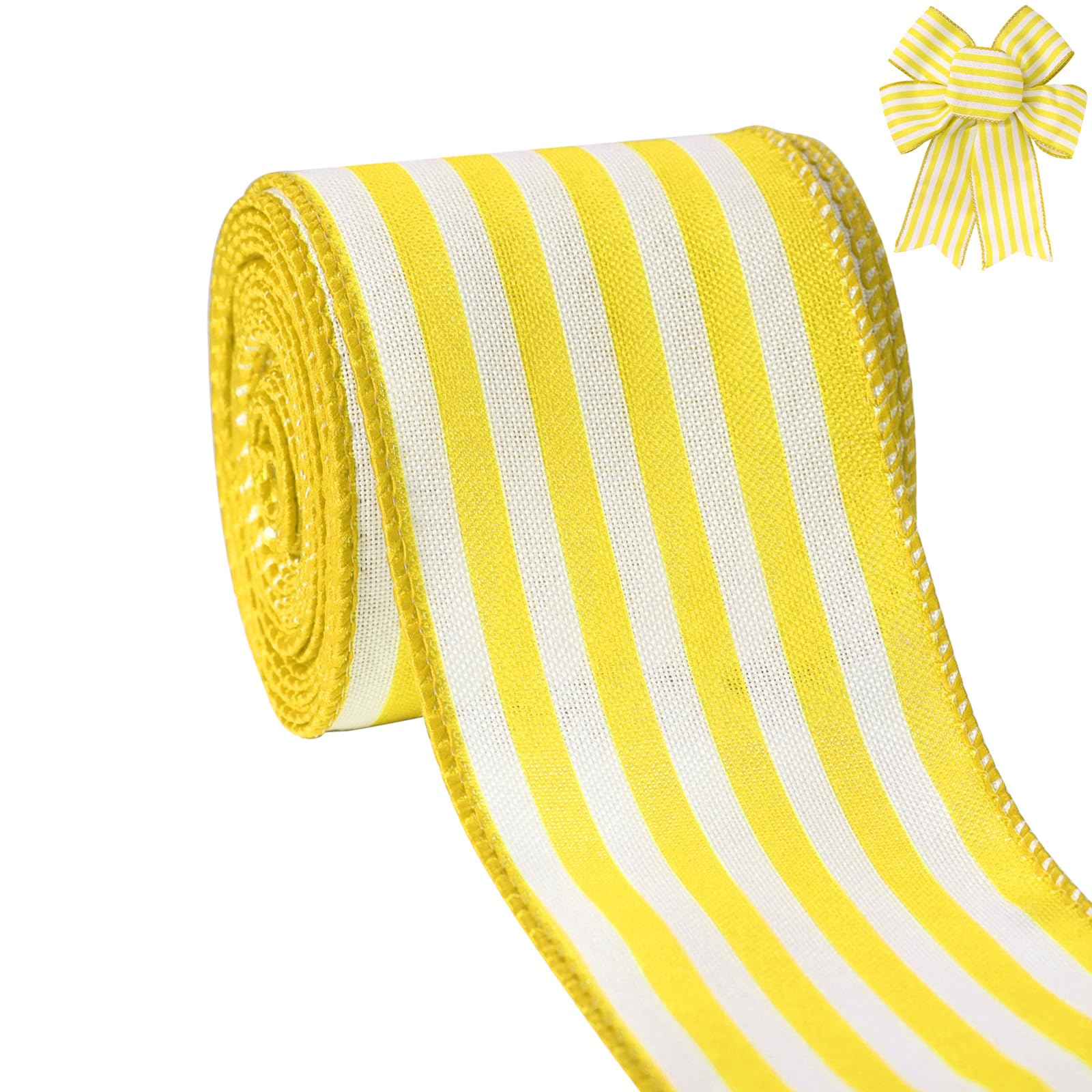 Easter Ribbon Wired Edge, Spring Yellow and White Ribbon Wired Vertical Stripes Fabric Ribbon Gift Wrapping DIY Craft Wreath Gar