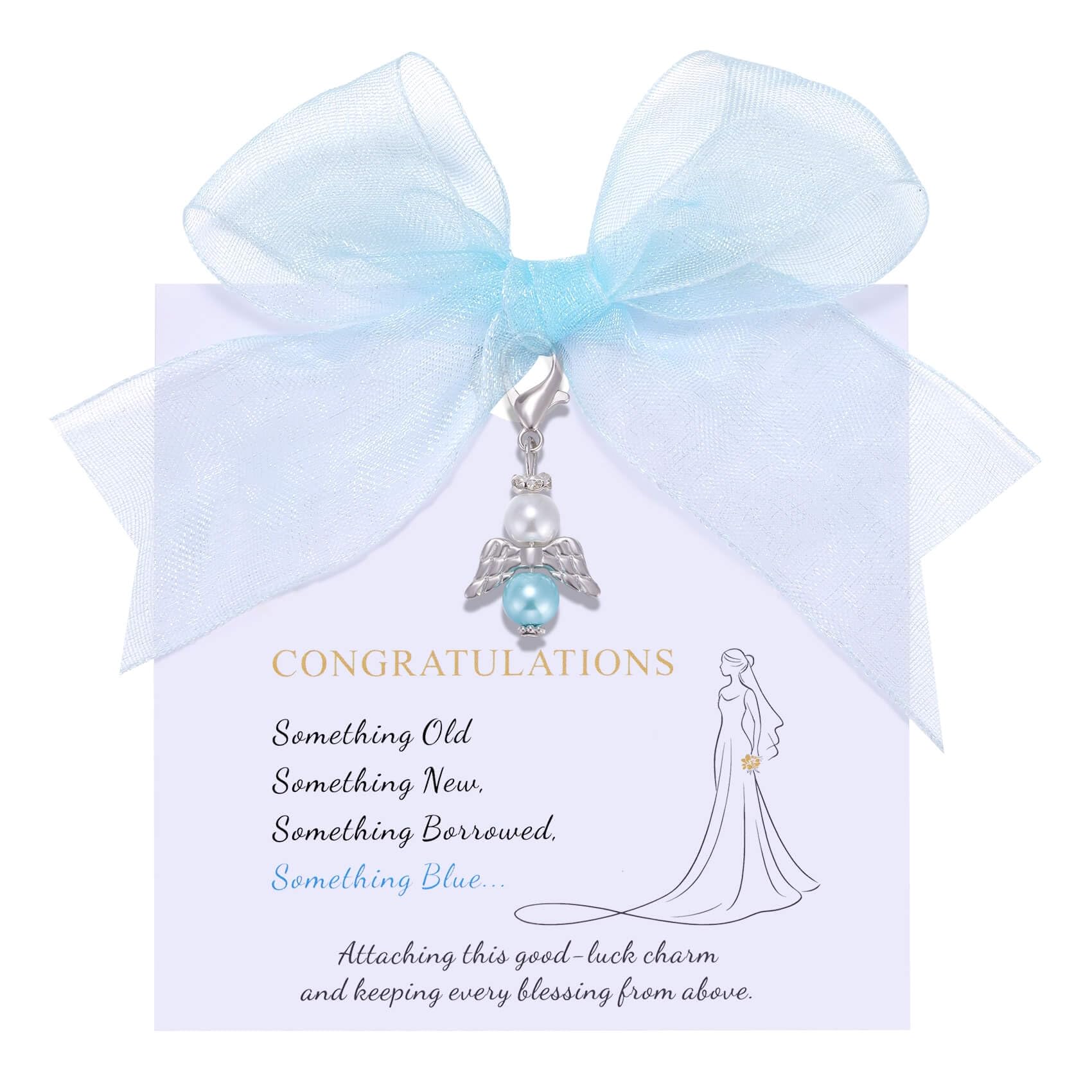 MIXJOY Something Blue Gift for Bride on Wedding Day, Angel Wings Blue Pearl Charm for Bouquet Garter, Elegant Pearl Wings Bridal