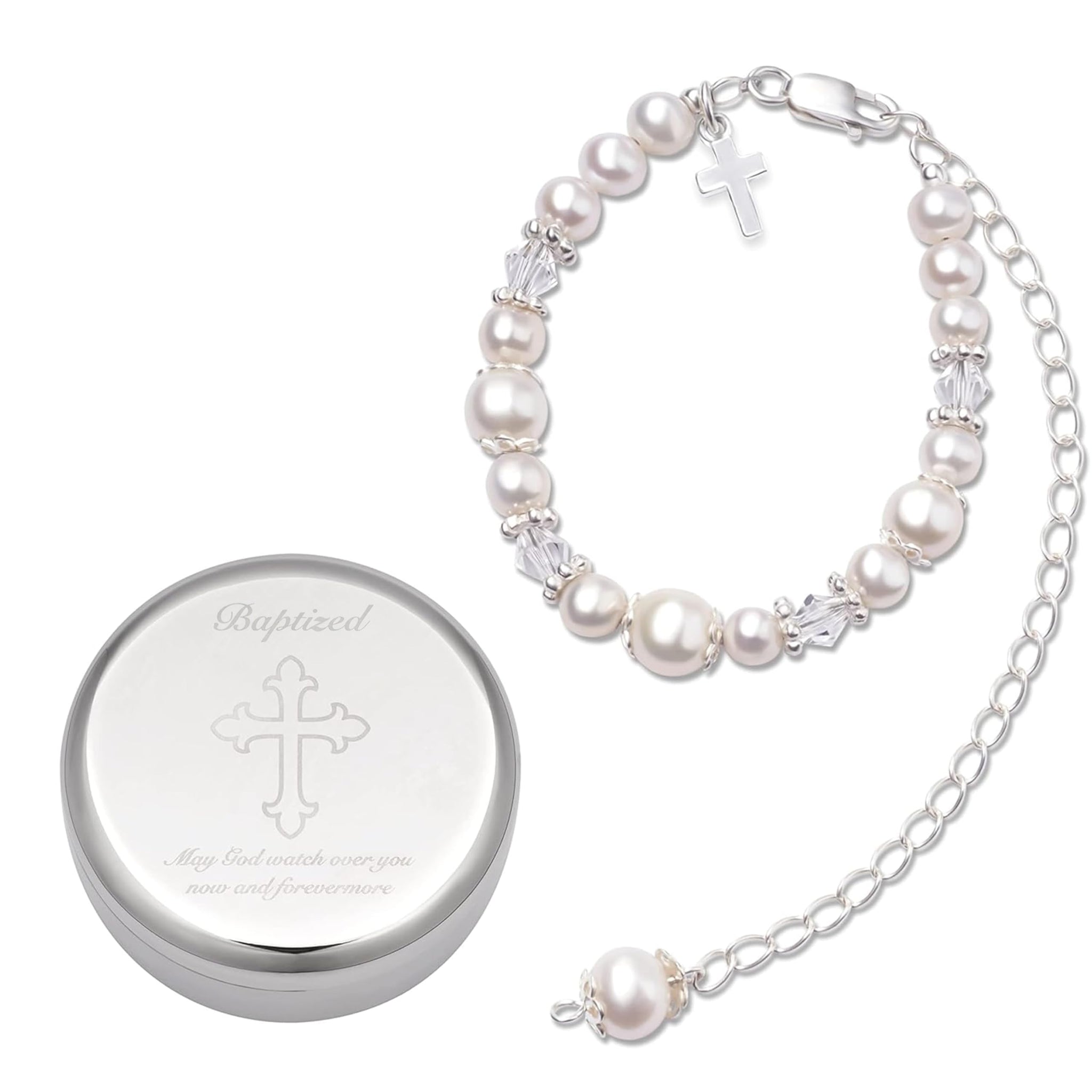Tryuunion Baptism Cross Bracelet in Sterling Silver and Cultured Pearls for Baby Girls, with Silver-plated Jewelry Keepsake Box,