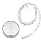 Tryuunion Baptism Cross Bracelet in Sterling Silver and Cultured Pearls for Baby Girls, with Silver-plated Jewelry Keepsake Box,