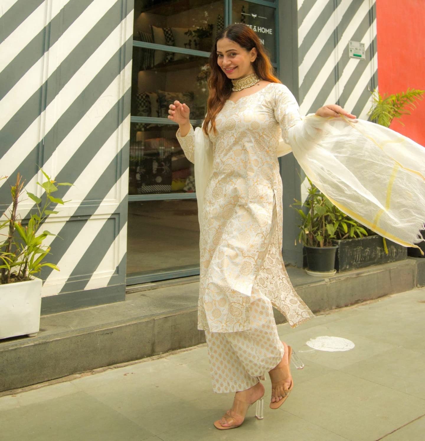 Anni Designer Women'S Cotton Blend Floral Printed Straight Kurta With Palazzos & Dupatta (Ghost-Off-White_S_White_Small),White,S,Cotton Blend,Regular,