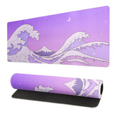 Purple Japanese Sea Wave Gaming Mouse Pad - Large Desk Mat with Non-Slip Base and Stitched Edge for Gaming and Office - 31.5x11.
