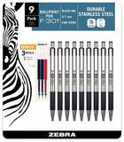 ZEBRA F301 Ballpoint Retractable Pen, Black Ink, Fine Point Tip, 9 Pens per Pack Refillable Pens with Refill 0.7 mm Stainless S