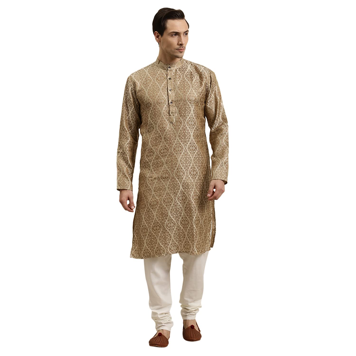 Sojanya (Since 1958 Men'S Jacquard Silk Beige & Gold Kurta Size 42