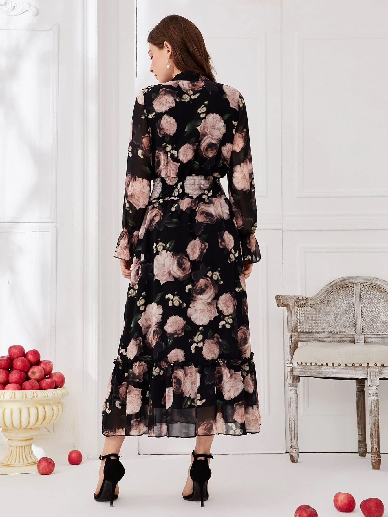 Gosriki Women'S Georgette Floral Print Tie Neck Shirred Waist Dress (Avpti-Black-Dress_Xl-Gs_Black_X-Large),Black,,B0BRV4VGG4