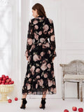 Gosriki Women'S Georgette Floral Print Tie Neck Shirred Waist Dress (Avpti-Black-Dress_Xl-Gs_Black_X-Large),Black,,B0BRV4VGG4