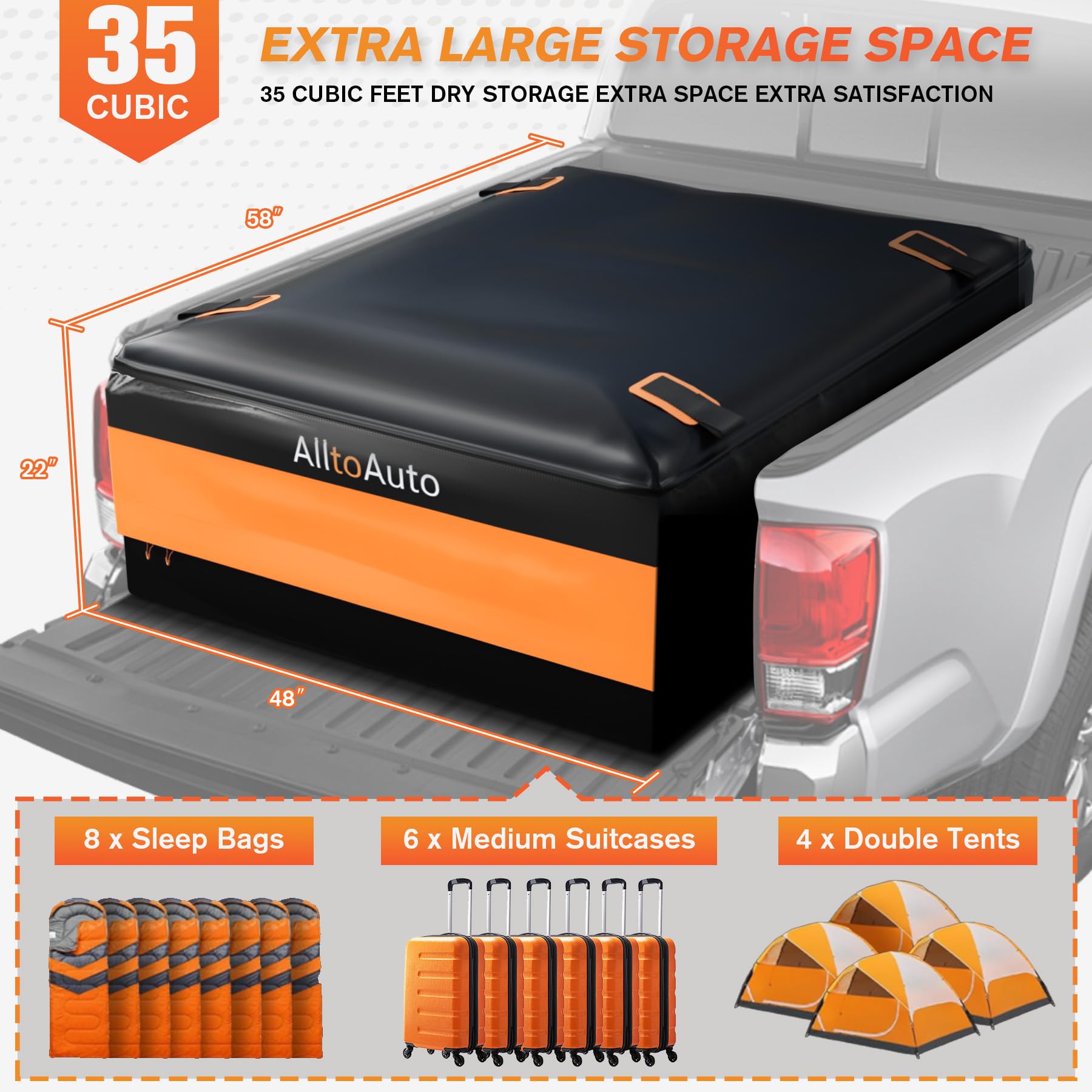 AlltoAuto Truck Bed Cargo Bag Plus, 35 Cubic Feet (58''x48''x22''), 100% Waterproof 600D Heavy Duty, Fits Any Truck, Simple and