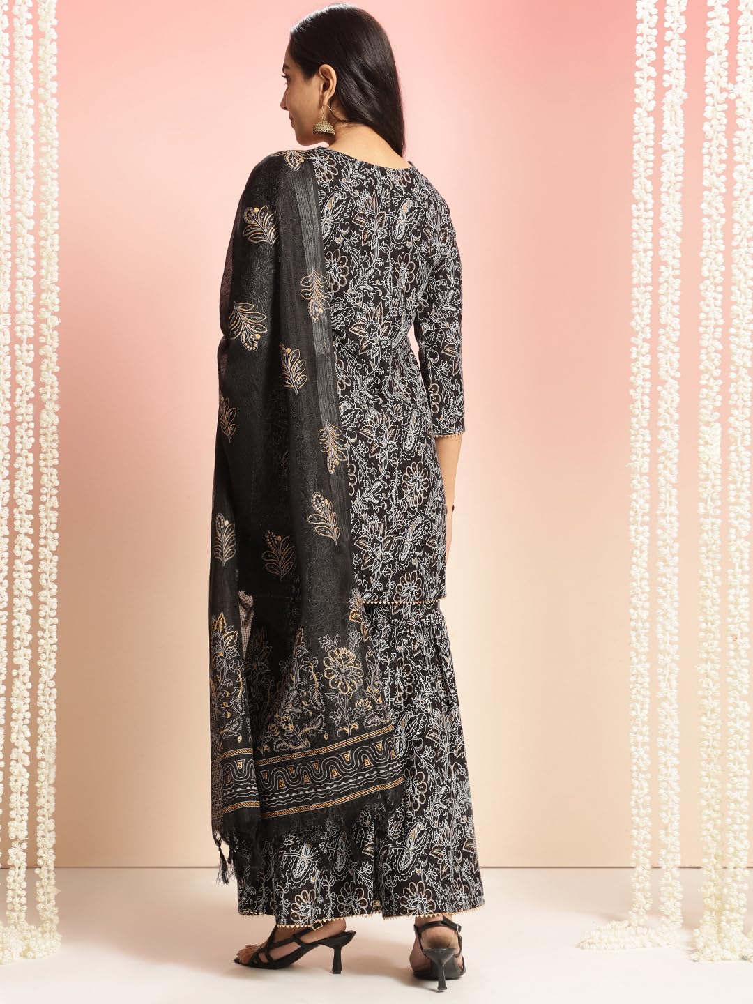 Anni Designer Women'S Rayon Viscose Straight Printed Kurta With Sharara & Dupatta (Niranjana Black-Vks01_L_Black_Large),Black,L,Rayon,Regular,