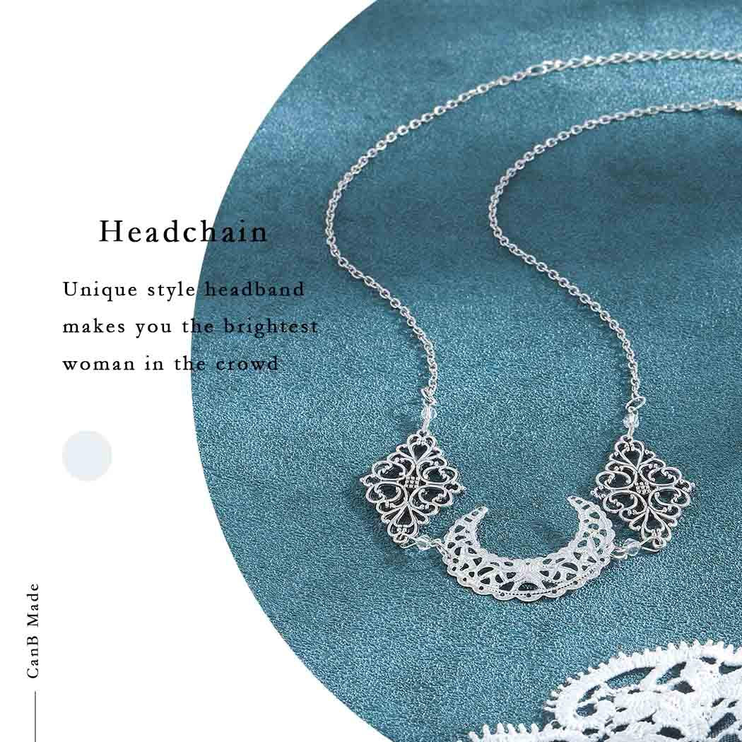 CanB Boho Moon Head chain Charm Vintage Hair Chain Festival Forehead Hair Jewelry Silver Gypsy Headpiece Hair Accessories for Wo