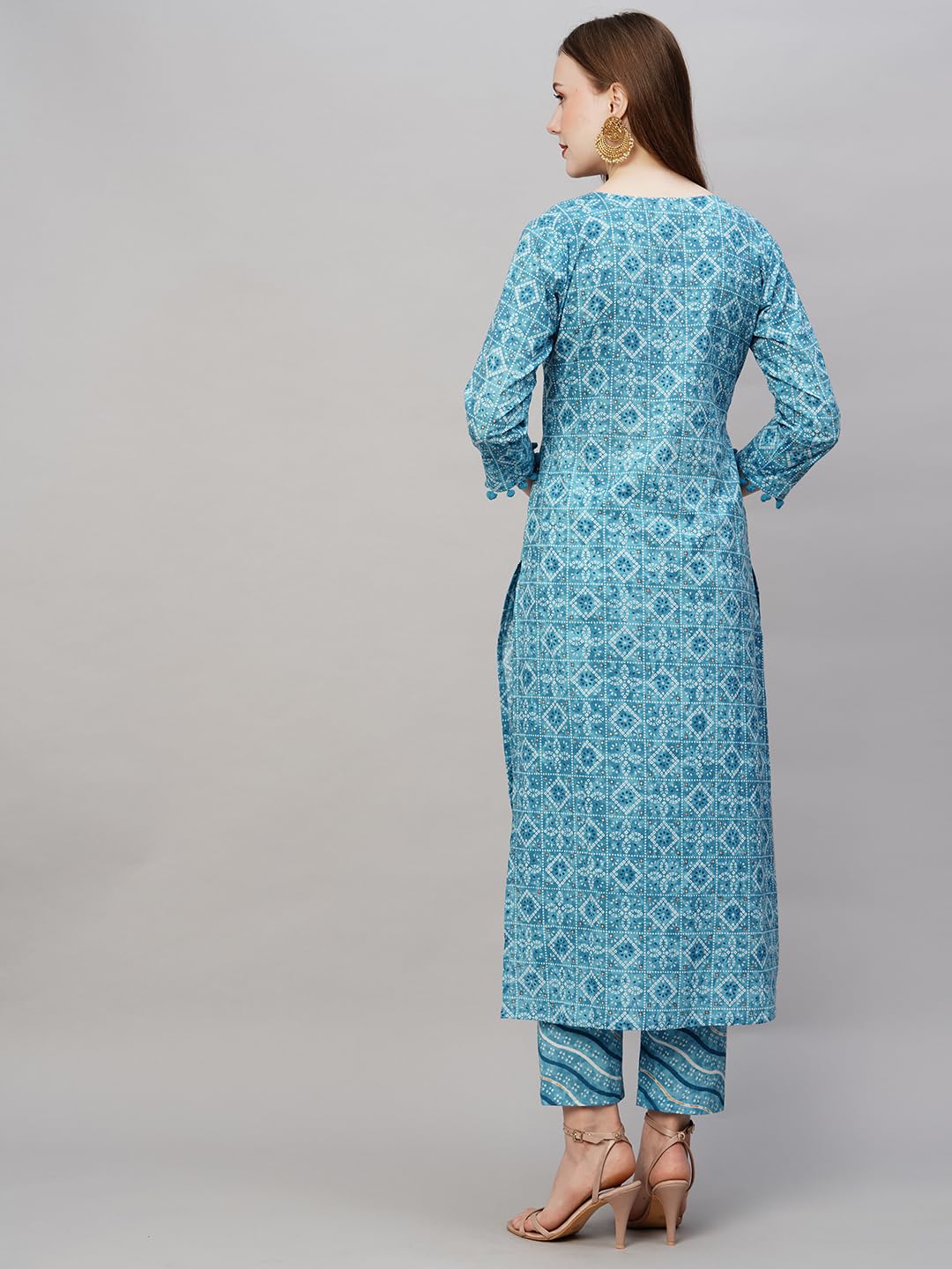 Anni Designer Women'S Cotton Blend Printed Straight Kurta With Pant (Dagi Blue_S_Blue_Small),Blue,S,Cotton Blend,Regular,