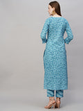 Anni Designer Women'S Cotton Blend Printed Straight Kurta With Pant (Dagi Blue_S_Blue_Small),Blue,S,Cotton Blend,Regular,