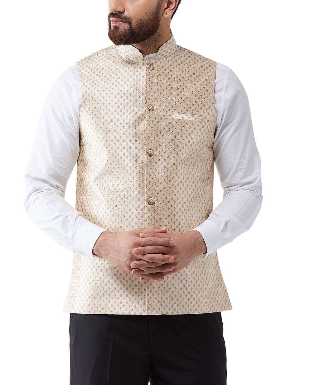 Sojanya (Since 1958, Mens Silk Blend, Beige & Gold Embroidered Nehru Jacket, Size: 38