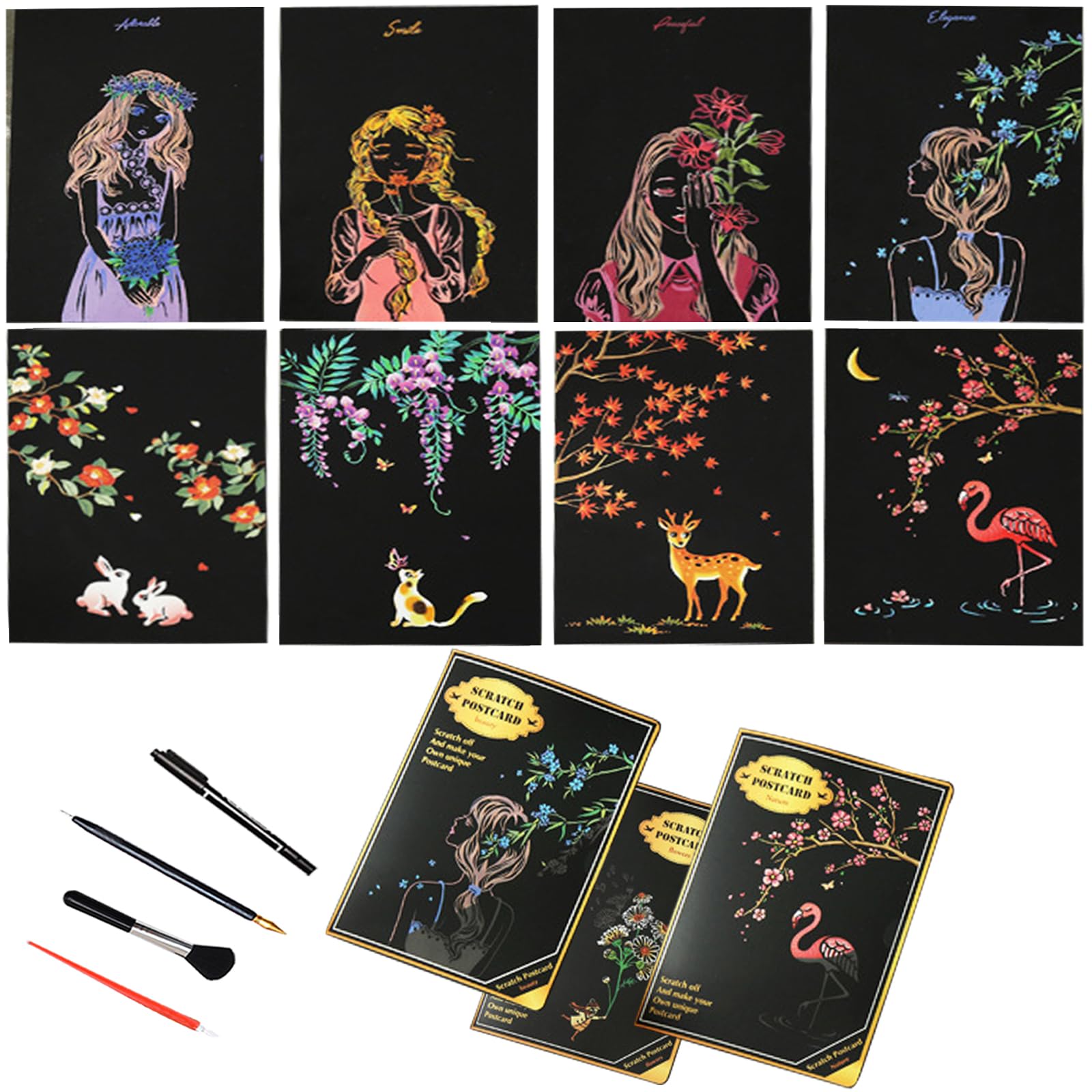 12sheets Scratch Art for Adults 7.9x5.5 inch Magic Paint by Scratch Kit Cards DIY Craft Gift with 6 Rainbow Scratch Paper Tools 