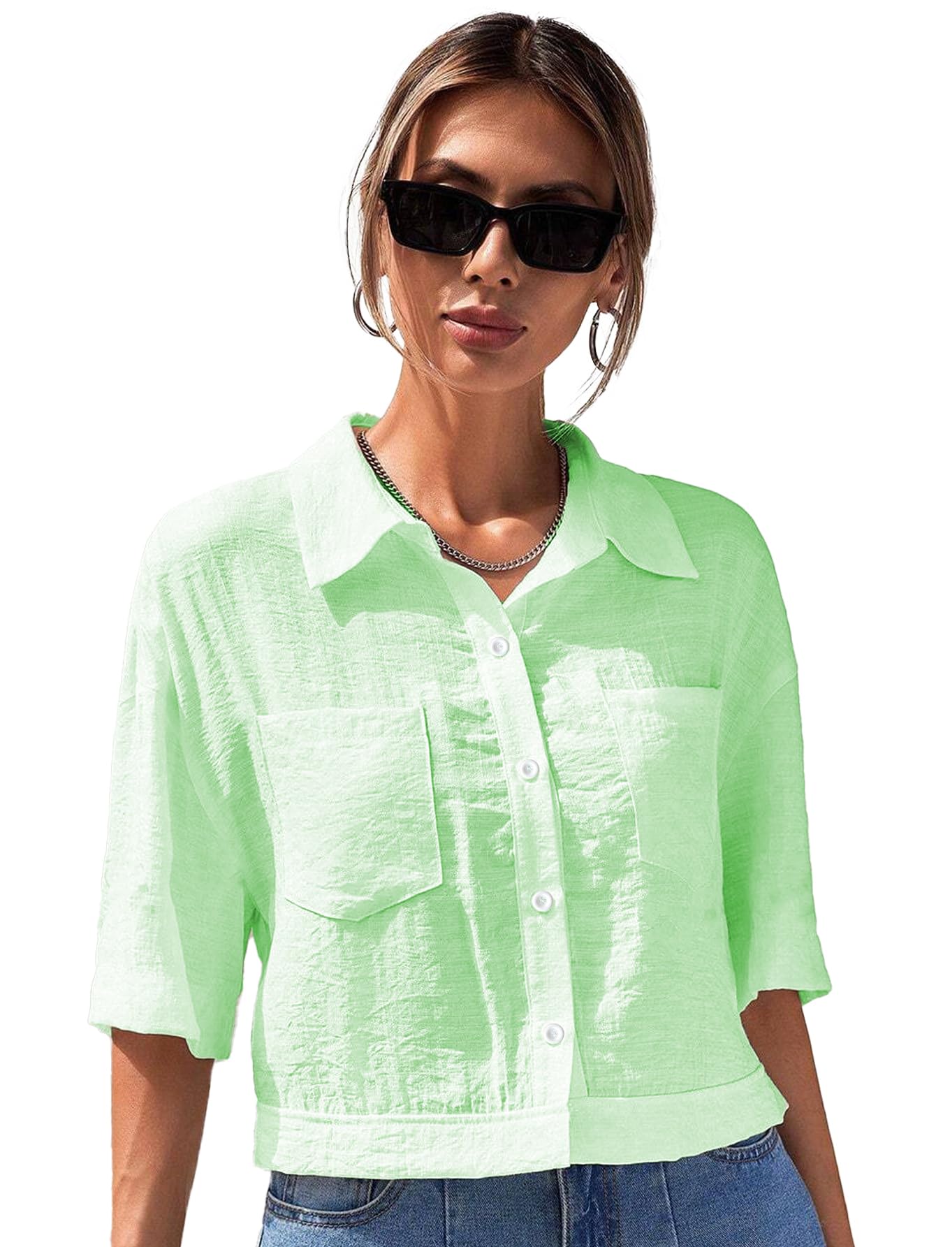 Toplot V-Collar Solid Crop Shirt For Women With Half Sleeves (Crop-Shirt-5183-Pista-L),Pista,,B0D5VC6FCP