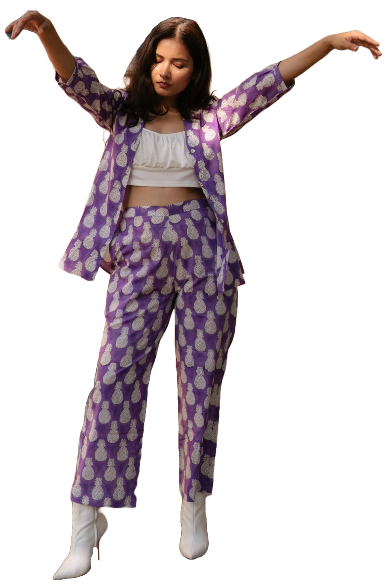 Gosriki Women'S Chanderi Cotton Short Length Printed Co-Ord Set (Cst Purple Co-Ord-Nkl-Gs_L_Purple_Large),Purple,,B0CM9JNZF6