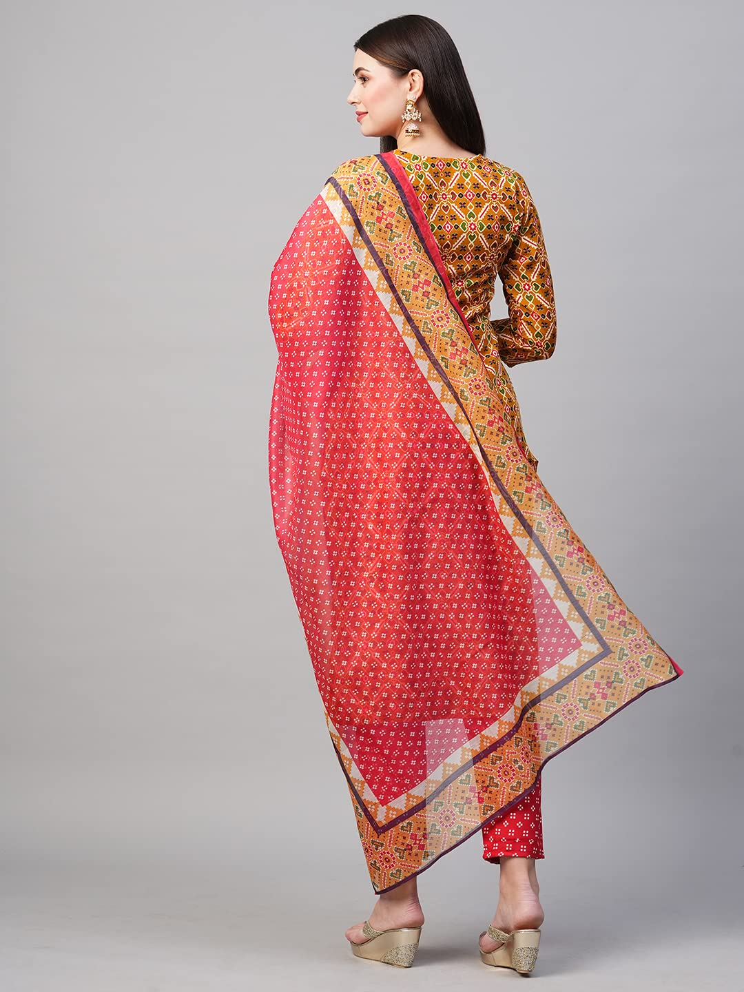 Anni Designer Women'S Cotton Blend Printed Straight Kurta With Pant & Dupatta (Makshi Yellow_S_Yellow_Small),Yellow,S,Cotton Blend,Regular,Dupatta