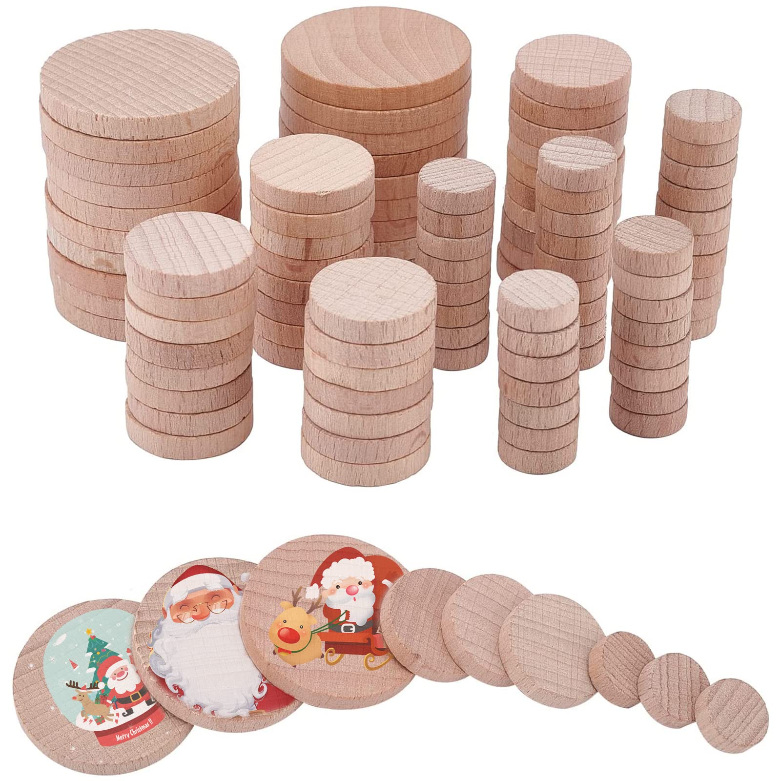 NBEADS 150 Pcs Natural Wood Slices 0.6/1/1.6, Unfinished Wood Coins Wood Coins Wood Circle Wood Pieces Wooden Cutouts Ornaments 