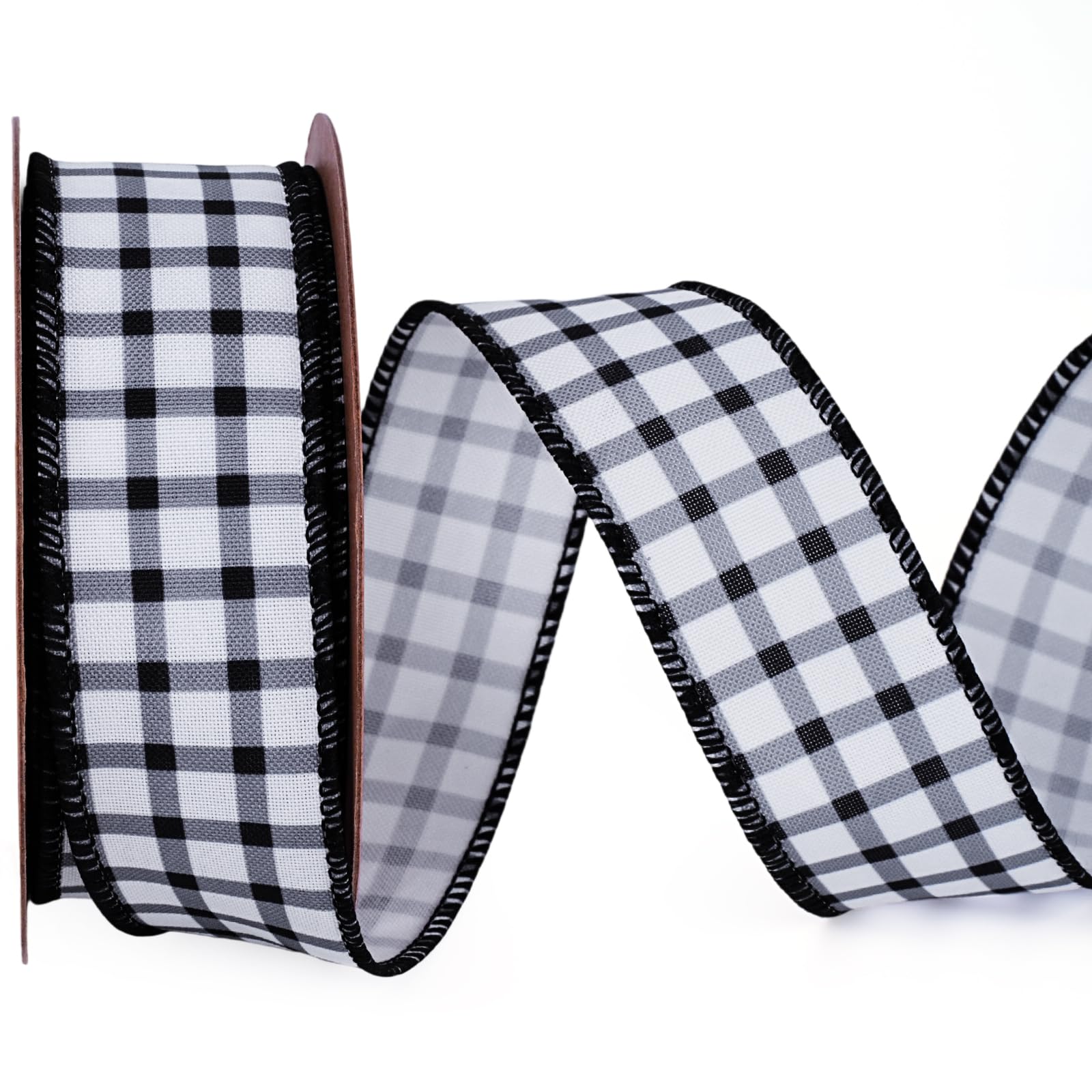 LaRibbons Gingham Burlap Ribbon Wired 1 1/2 Inch x 10 Yards, Black Check Plaid Ribbon for Wreaths, Gift Wrapping, Bows, Party Cr