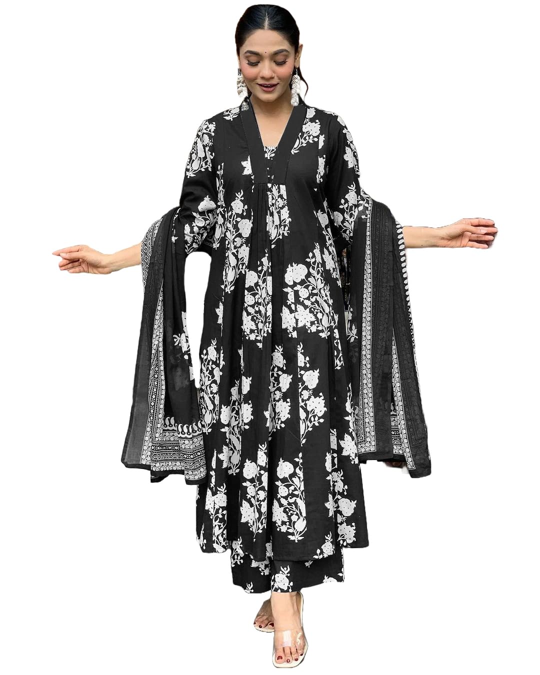 Anni Designer Women'S Rayon Viscose Anarkali Printed Kurta With Pant & Dupatta (Jasiwal Black-Vks01_Xl_Black_X-Large),Black,XL,,,