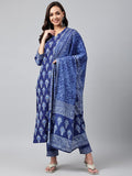 Anni Designer Women'S Cotton Blend Floral Straight Kurta With Pant & Dupatta (Bulgeriya Blue-Nw X-Large),Blue,XL,Cotton Blend,Regular,