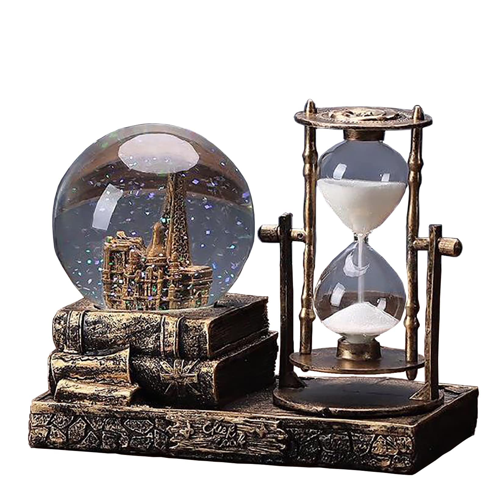 LED Music Snow Globe with Hourglass Vintage Castle Paris Eiffel Tower Home Decoration for Living Room Bedroom Book Shelf TV Cabi