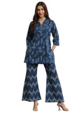 Libas Indigo Floral Printed Front Open Tunic With Chevron Printed Palazzo