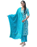 Anni Designer Women'S Cotton Blend Straight Printed Kurta With Pant & Dupatta (Ramitara Blue_Xxl_Blue_Xx-Large),Blue,2XL