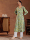 Libas Womens Printed Cotton Straight Kurta With Trousers And Dupatta Green Xs