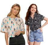Toplot Women'S Casual Printed Crop Top With Short Sleeve Pack Of 2 (Combo-5135-Blk-Cku-Xs),Black-Chiku,,B0CCXX6V57