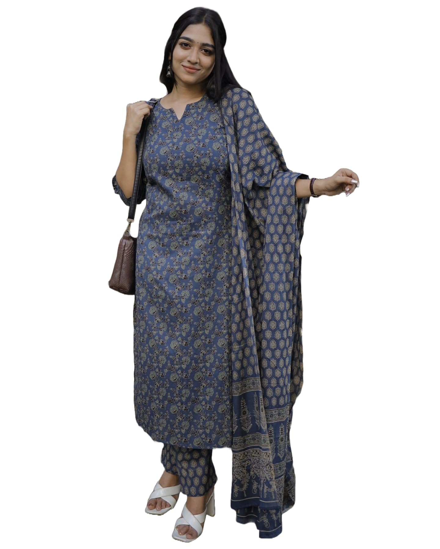 Anni Designer Women'S Rayon Blend Straight Printed Kurta With Pant & Dupatta (Kamiganj Blue_Xxl_Blue_Xx-Large),Blue,2XL