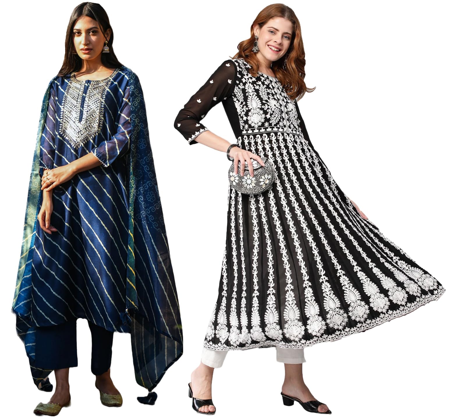 Anni Designer Women'S Cotton Blend Embroidered Straight Kurti Pant Dupatta Set Combo Pack Of 2 (Doremi Navy & Kari Black_2105_Multicolor_Small),Multicolour,S