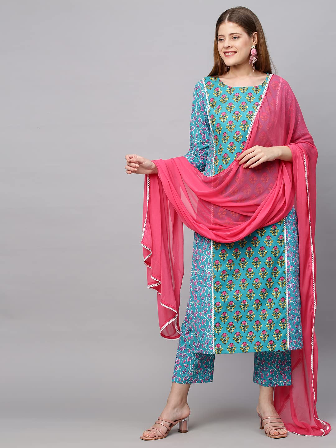 Anni Designer Women'S Cotton Straight Kurta With Palazzo (Mokish_S_Multicolor_Small),Multicolour,S,Cotton,Straight,Dupatta, Palazzo