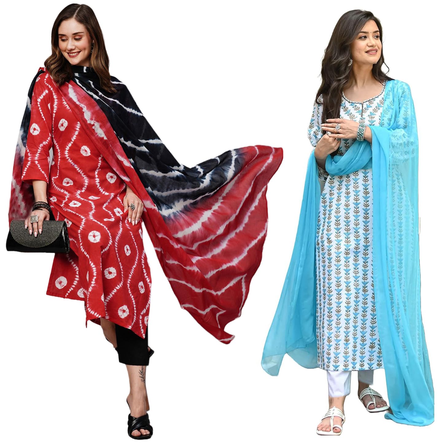 Anni Designer Women'S Cotton Blend Printed Straight Kurta With Pant & Dupatta Pack Of 2 (Combo-Mayavi Red-April-Sky Blue_Xxl_Multi_Xx-Large),Multicolour,2XL