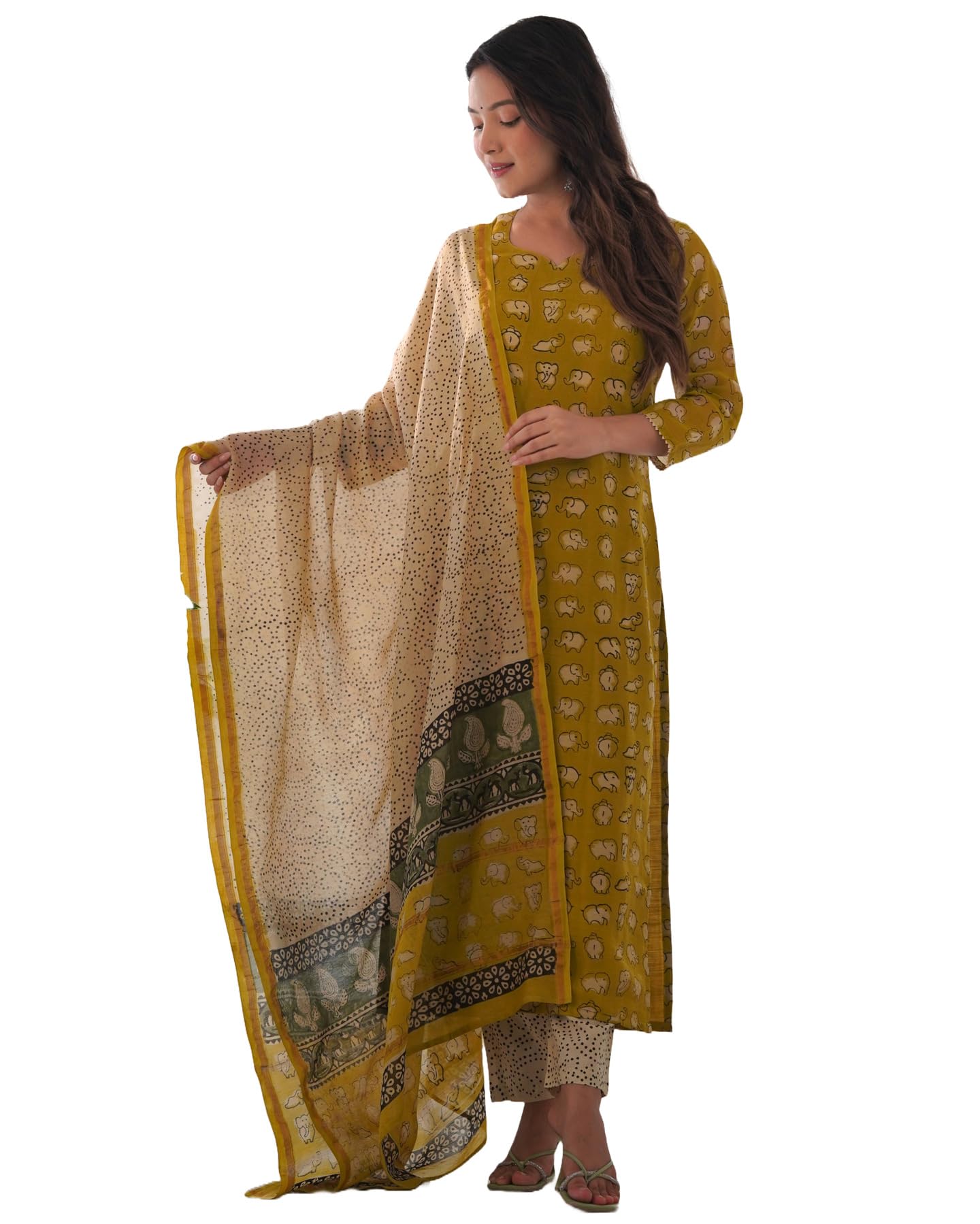 Gosriki Women'S Chanderi Cotton Straight Printed Kurta With Pant & Dupatta (Stamp Green-Kbv-Gs_S_Green_Small),Green,,B0CNM191P4