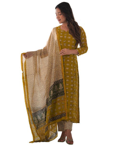 Gosriki Women'S Chanderi Cotton Straight Printed Kurta With Pant & Dupatta (Stamp Green-Kbv-Gs_S_Green_Small),Green,,B0CNM191P4