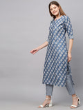 Gosriki Women'S Cotton Blend Printed Straight Kurta With Pant (Funnu Blue_M-Go_Blue_Medium),Blue,,B09X1TBWHL