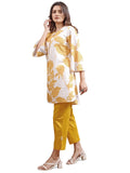 Womanista Women's Yellow & White hakoba Printed Tunic with Trouser Cord Set(Co-ords_9093_M)