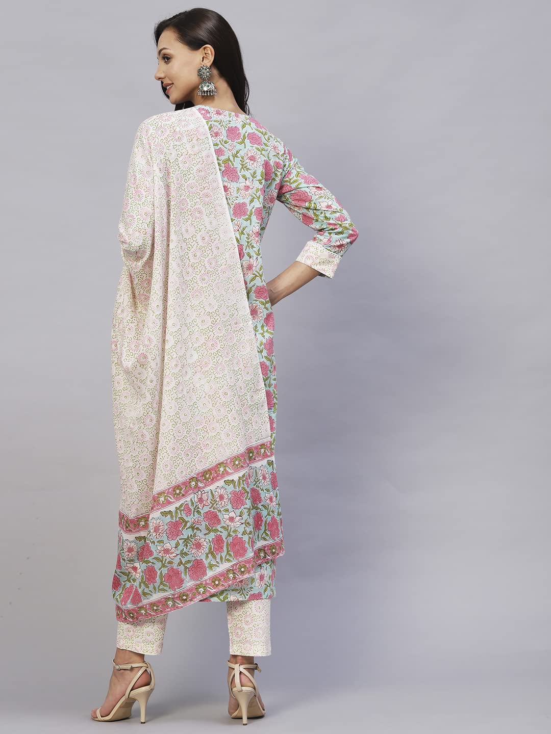 Anni Designer Women'S Cotton Blend Straight Printed Kurta With Pant & Dupatta (Spring Green_S_Green_Small),Green,S,Cotton Blend,Regular,Kurti, kurta, Dupatta