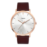 Timex Classics Analog Watch For Man With Silver Round Dial & Brown Leather Strap Band Water Resistant Men'S Wrist Watches - Tw0T