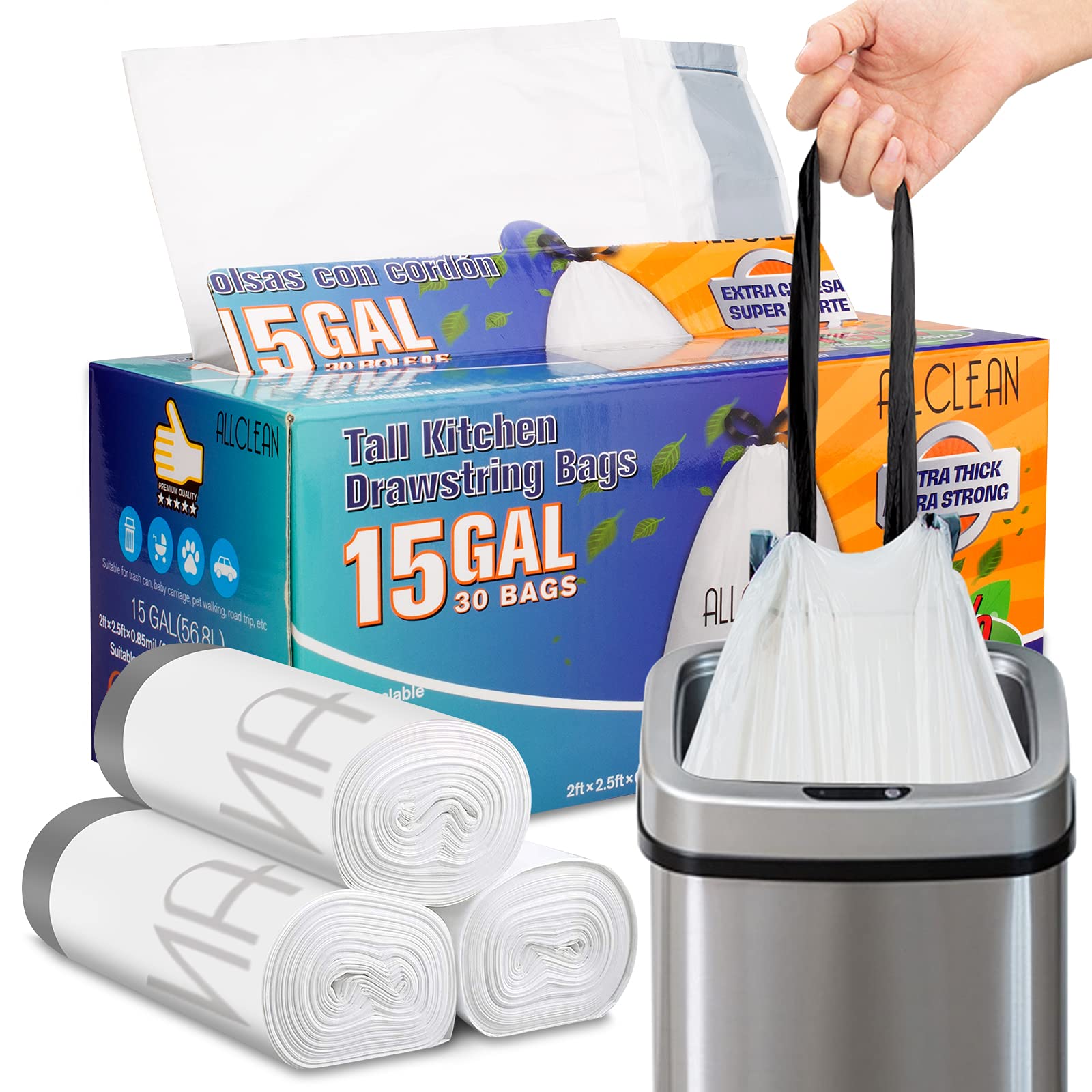 Trash Bags 15 Gallon Tall Kitchen, Drawstring Garbage Bags Recyclable Strong Large Recycling Fresh Clean Trash Bags For Indoor O