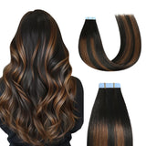 Sunya Tape in Hair Extensions Human Hair Balayage Natural Black to Chestnut Brown 14 Inch 40g/pack 20pcs Straight Seamless Skin 