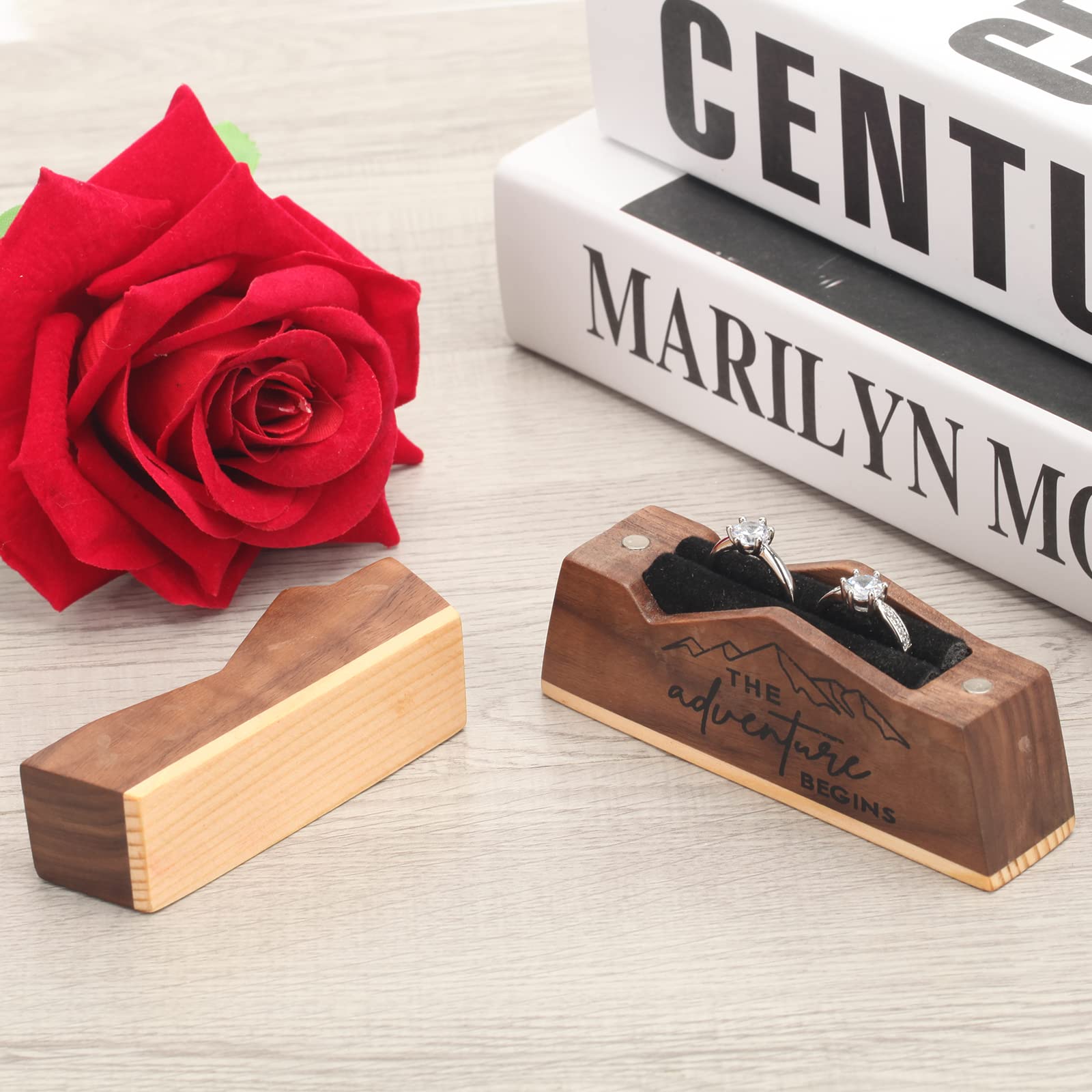muchly Engagement Ring Box -Rustic Ring Box- Solid Wood double ring bearer box-Engraved Vintage ring box for wedding