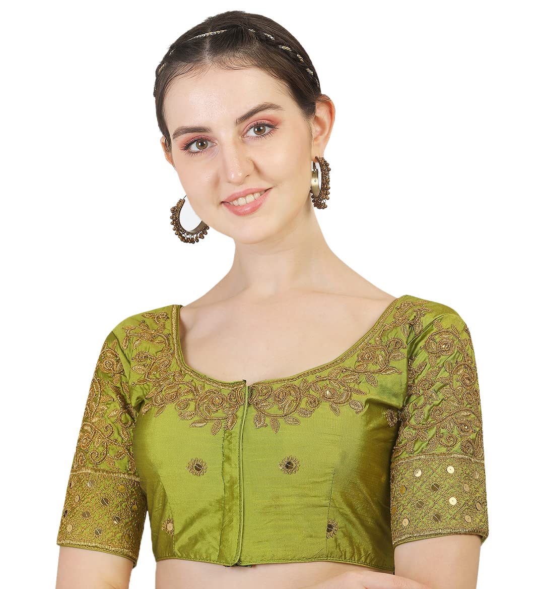 Vihu Fashion Women's Silk Floral Half Sleeve Blouse (gwaliya Blouse_Light Green_38)