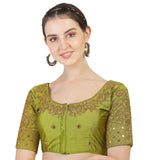 Vihu Fashion Women's Silk Floral Half Sleeve Blouse (gwaliya Blouse_Light Green_38)
