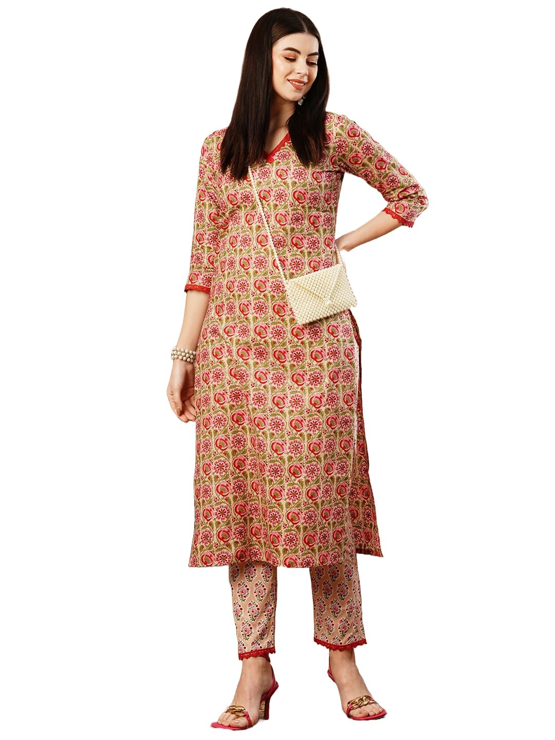 Anni Designer Women'S Cotton Blend Straight Printed Kurta With Pant (Balajyoti Red-Nw_L_Red_Large),Red,L,,,