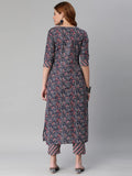 Gosriki Women'S Cotton Blend Traditional Straight Printed Kurta With Pant Set (Janar Dark Blue-Jan42-Gs_M_Dark Blue_Medium),Dark Blue,,B0BXLV43KS