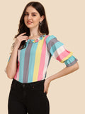 Wedani Women'S Casual Puff Sleeves Ruffled Collor Strip Top (Medium Blue),Blue,M,Polyester,Regular,