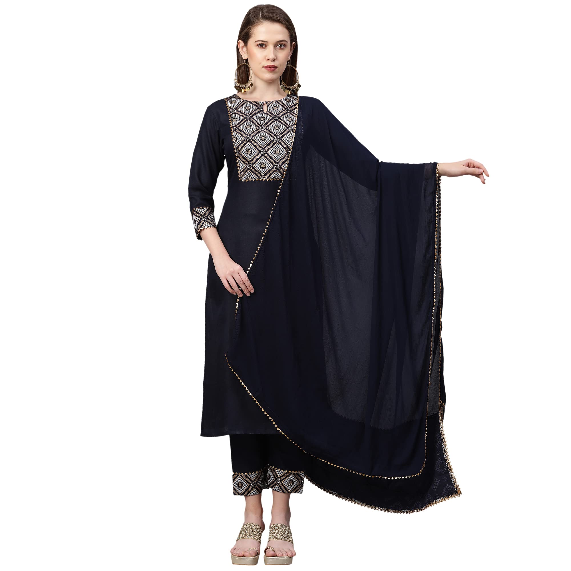 Anni Designer Women'S Ruby Cotton Straight Kurta With Pant & Dupatta (Kalakari-Blue_Xl Kalakari-Blue_X-Large),Blue,XL