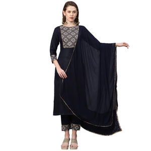 Anni Designer Women'S Ruby Cotton Straight Kurta With Pant & Dupatta (Kalakari-Blue_Xl Kalakari-Blue_X-Large),Blue,XL