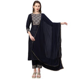 Anni Designer Women'S Ruby Cotton Straight Kurta With Pant & Dupatta (Kalakari-Blue_Xl Kalakari-Blue_X-Large),Blue,XL